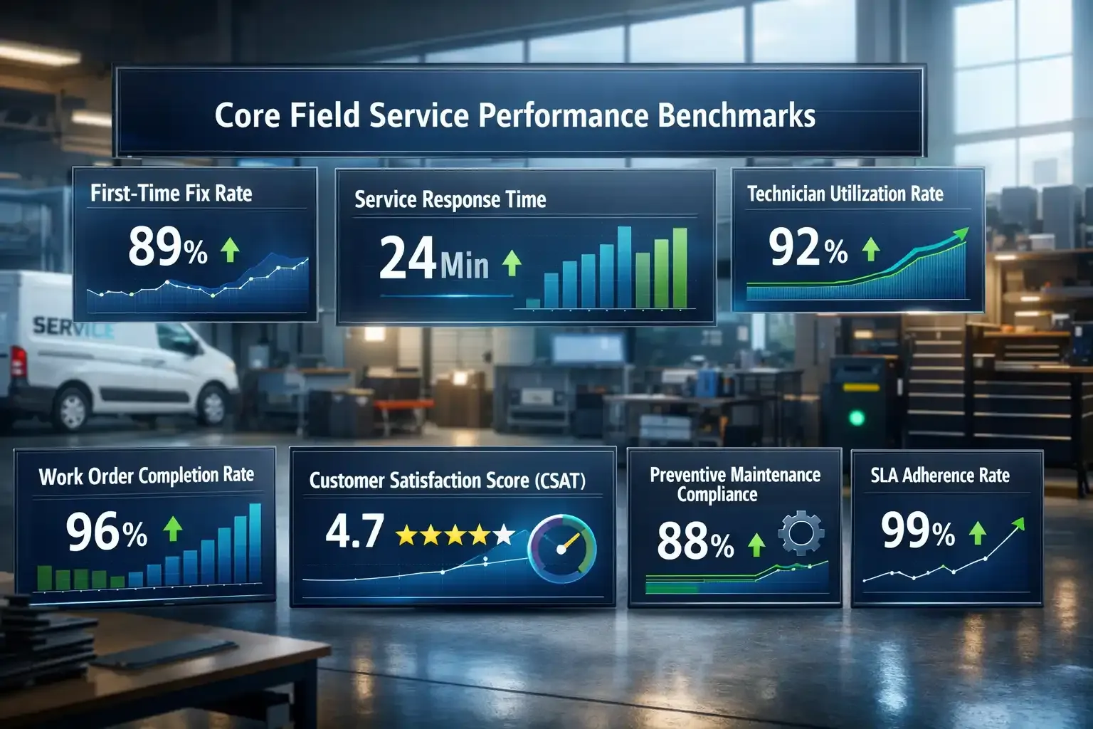 Field service KPI dashboards in modern operations center